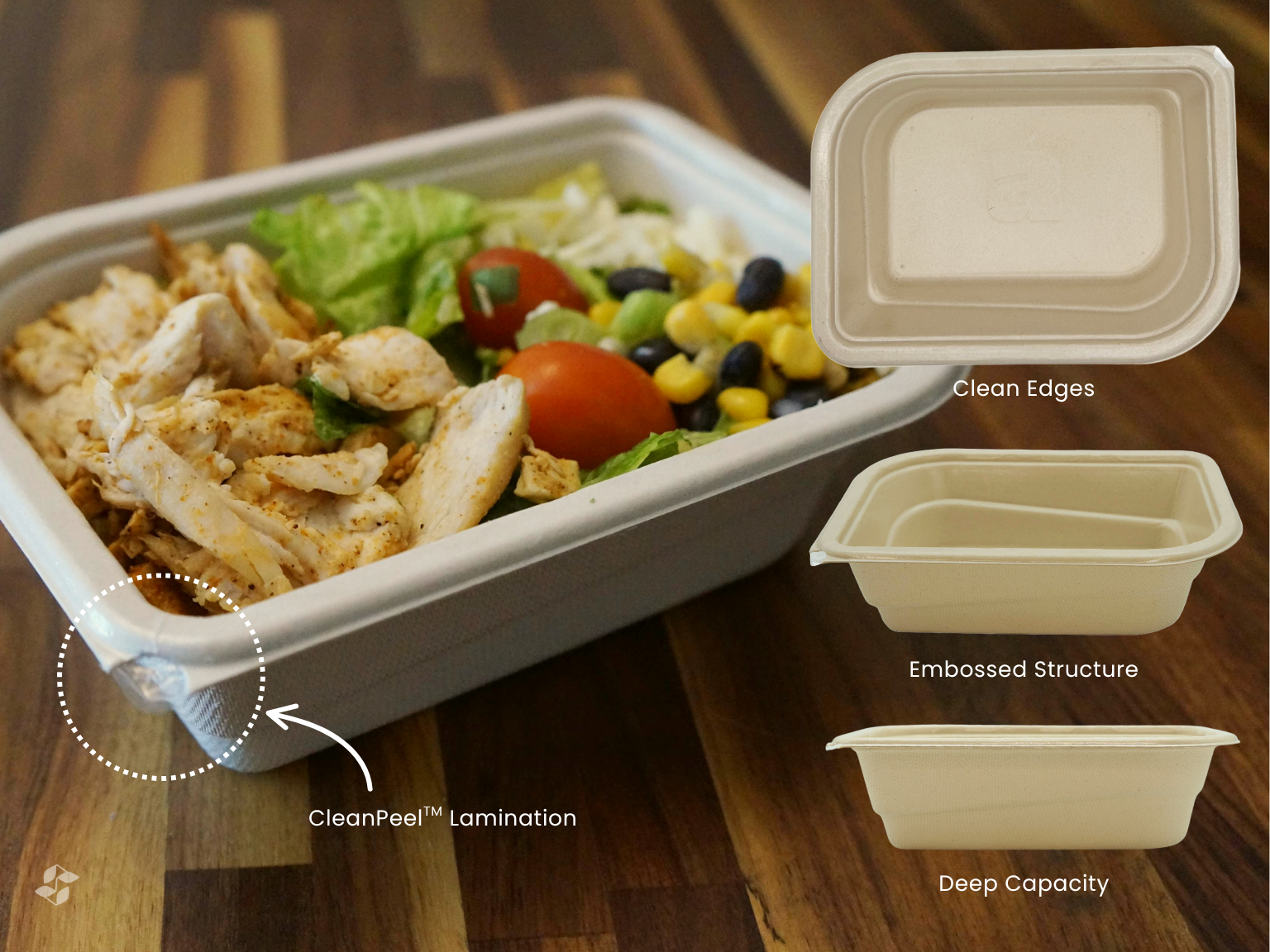 photo of EcoFibre container with food on a wood table with top, side, and angle images laid on top