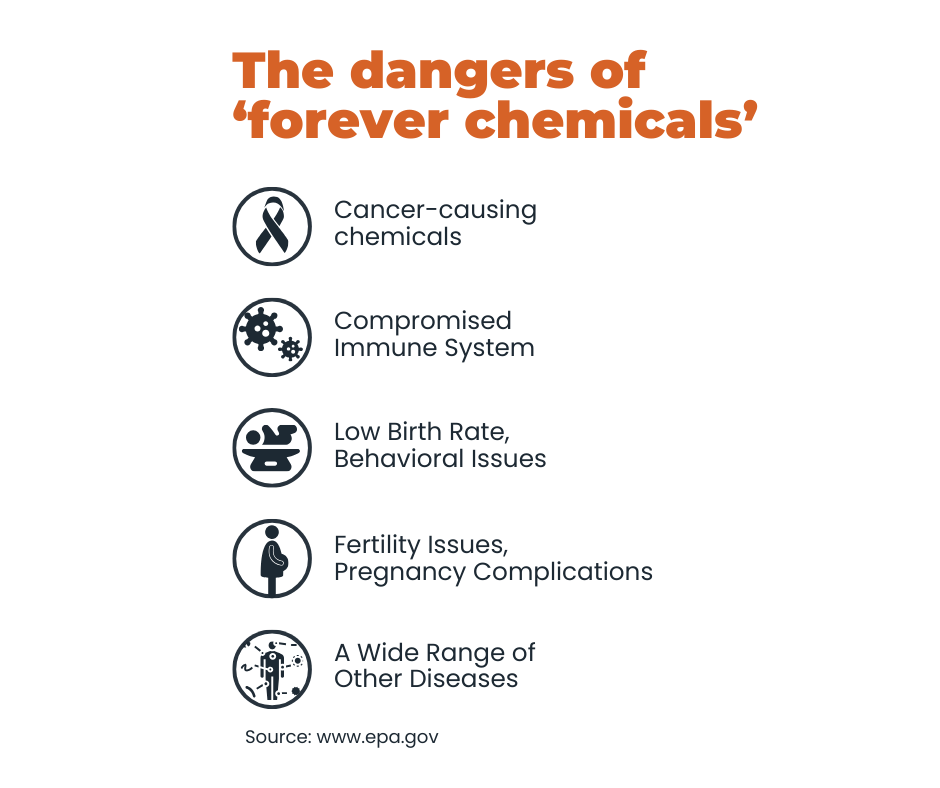 graphic of the dangers of 'forever chemicals' with icons