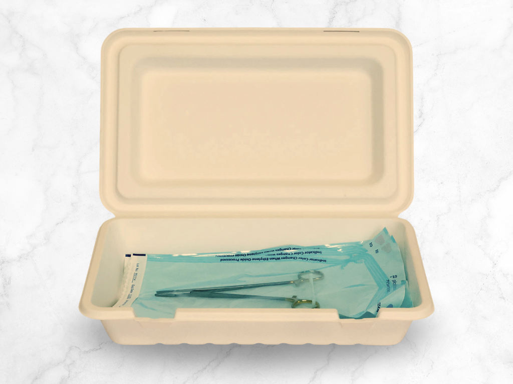 medical clamshell tray with sterile surgical scissors
